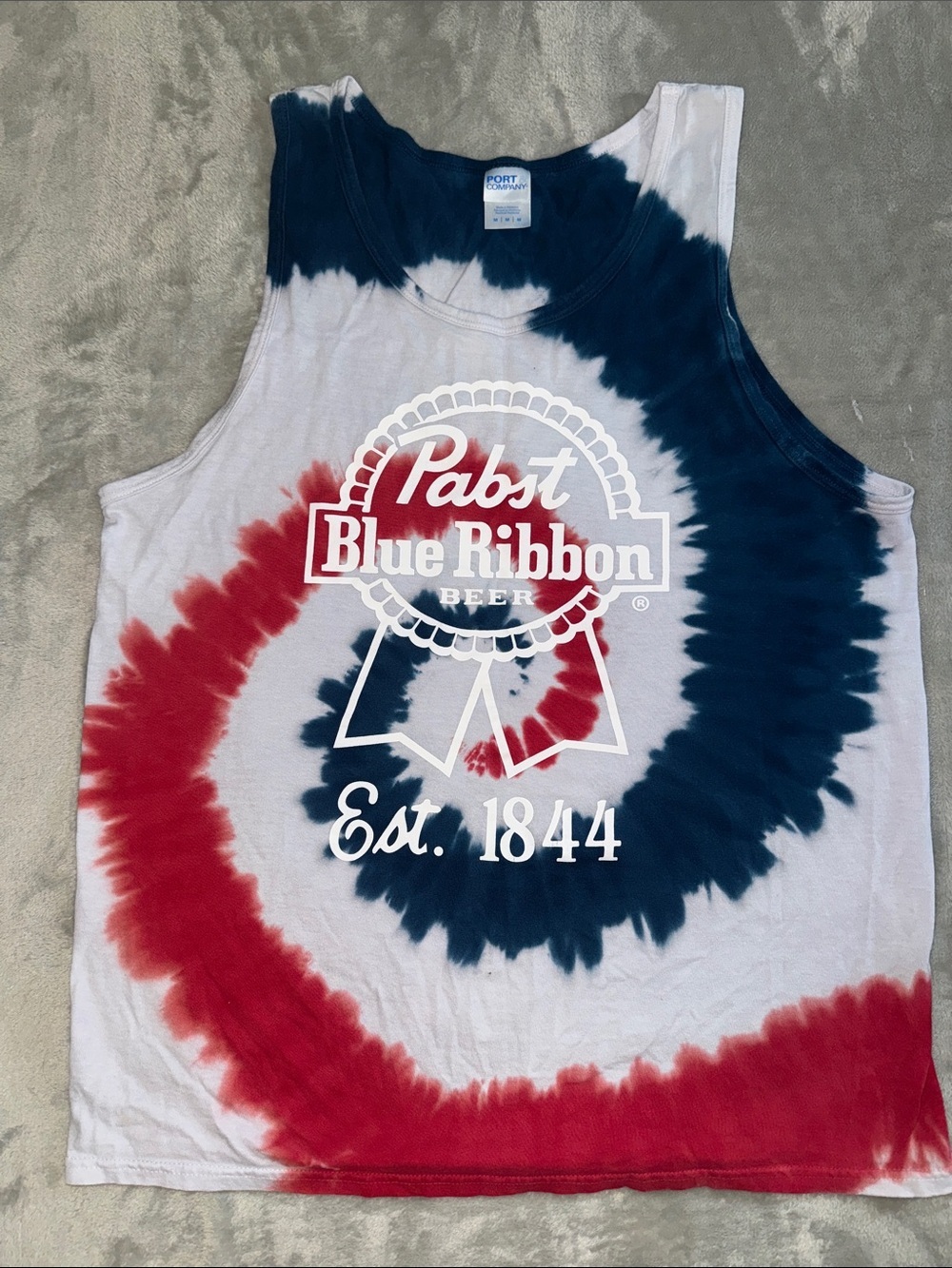 Port and Company Red, Blue and White Tie-Dye Pabst Blue Ribbon Tank Top